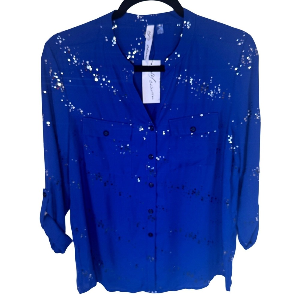 NY Collection Blouse Lg Petite Blue Silver Sparkle Button Up Top Shirt NWT